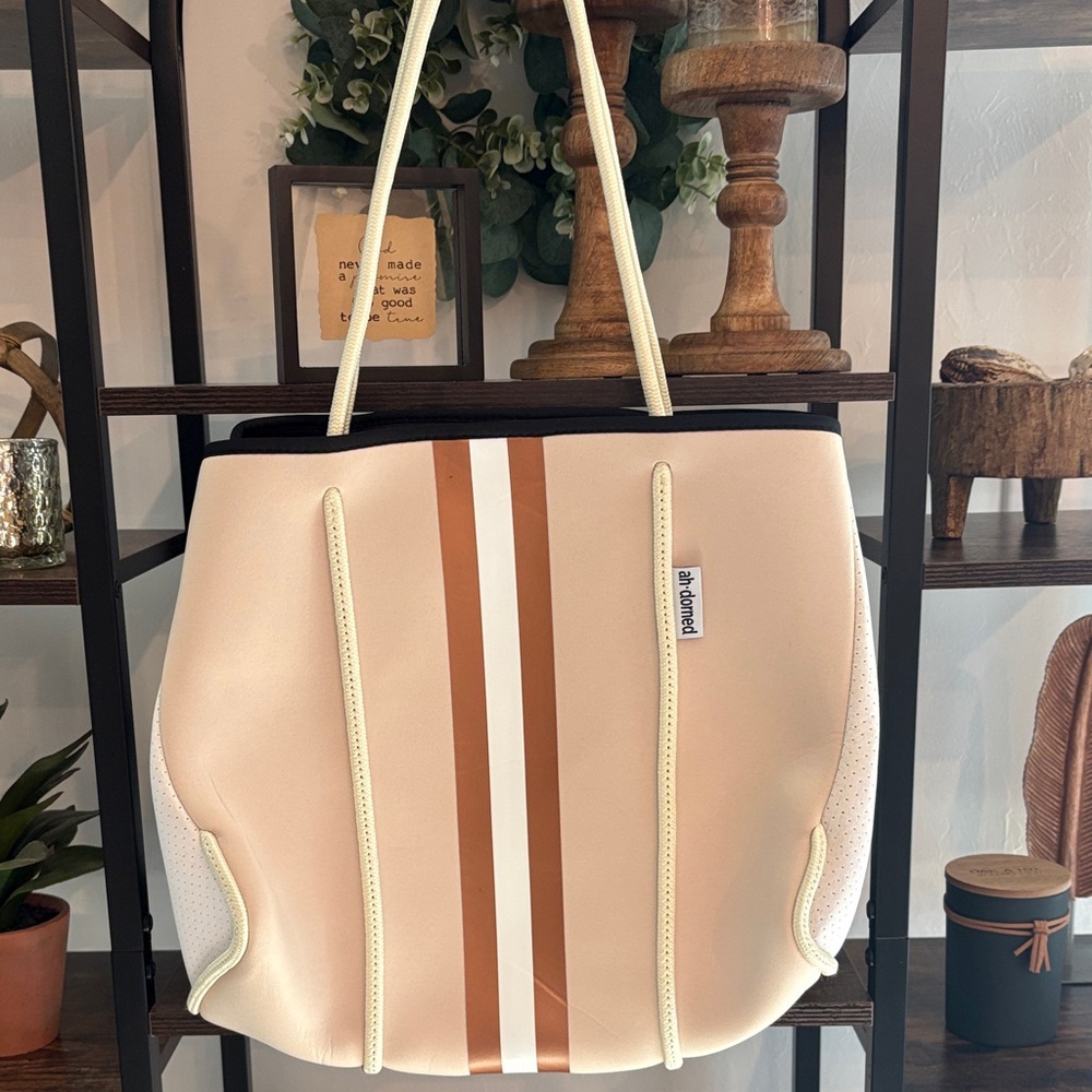 Cream and Tan Striped Tote Bag by Ah-dorned